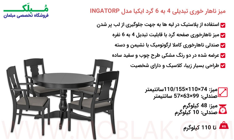 مشخصات ست میز و صندلی ناهارخوری 4 نفره گرد ایکیا مدل INGATORP